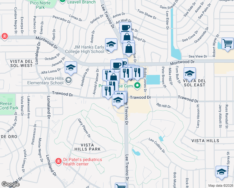 map of restaurants, bars, coffee shops, grocery stores, and more near 2285 Trawood Drive in El Paso