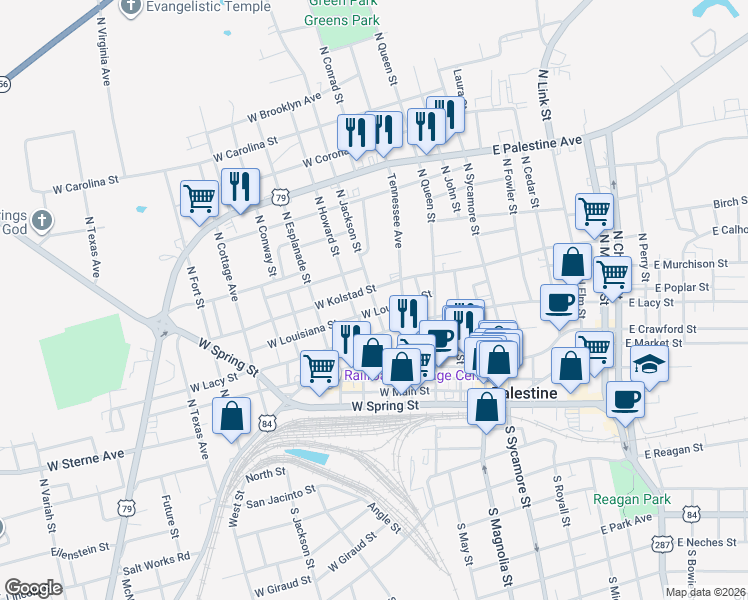 map of restaurants, bars, coffee shops, grocery stores, and more near 704 North Jackson Street in Palestine