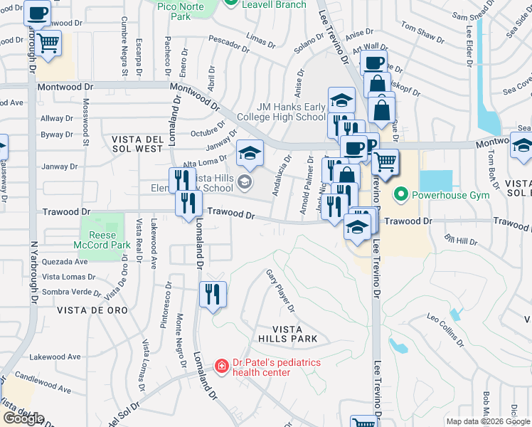map of restaurants, bars, coffee shops, grocery stores, and more near 2149 Trawood Drive in El Paso