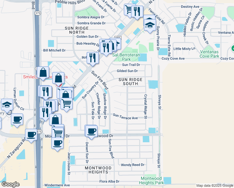 map of restaurants, bars, coffee shops, grocery stores, and more near 12512 Sun Haven Drive in El Paso