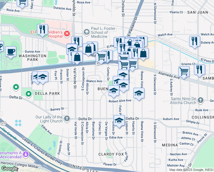 map of restaurants, bars, coffee shops, grocery stores, and more near 309 Cortez Drive in El Paso