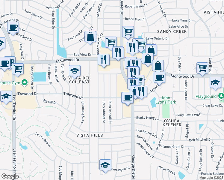 map of restaurants, bars, coffee shops, grocery stores, and more near 1808 Russ Randall Street in El Paso