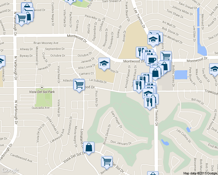 map of restaurants, bars, coffee shops, grocery stores, and more near 2149 Trawood Dr in El Paso