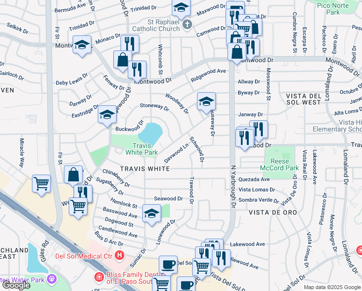 map of restaurants, bars, coffee shops, grocery stores, and more near 10471 Davwood Lane in El Paso