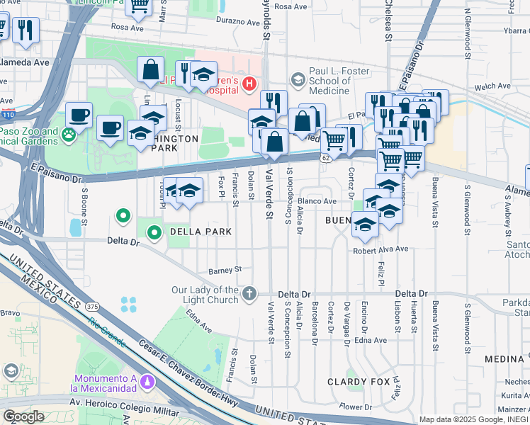 map of restaurants, bars, coffee shops, grocery stores, and more near 315 Val Verde Street in El Paso