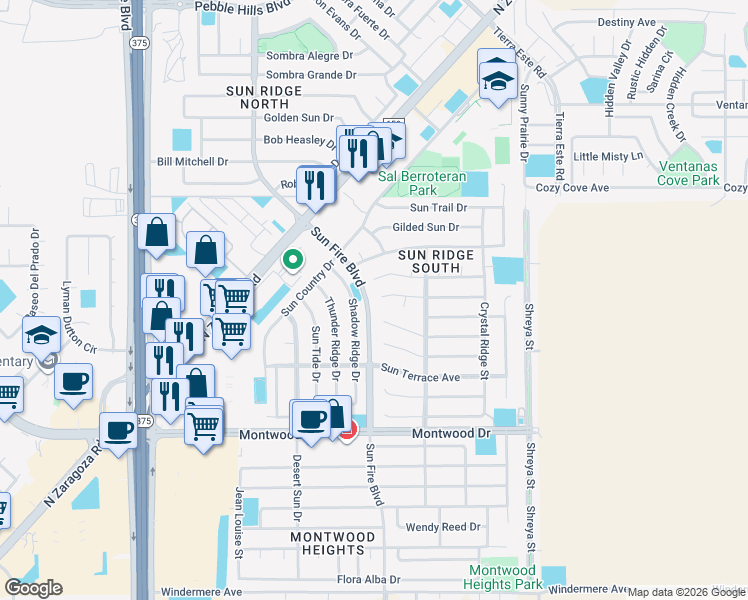 map of restaurants, bars, coffee shops, grocery stores, and more near 2048 Shadow Ridge Drive in El Paso
