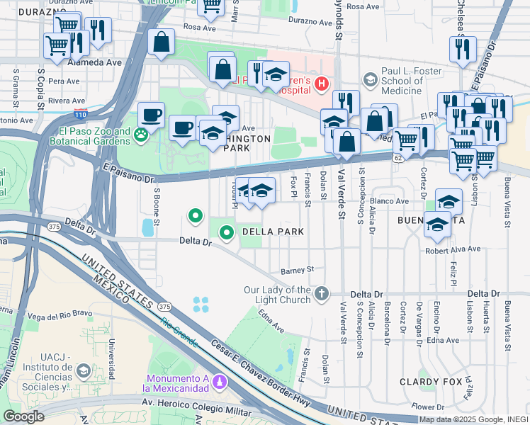 map of restaurants, bars, coffee shops, grocery stores, and more near 510 Hernandez Street in El Paso