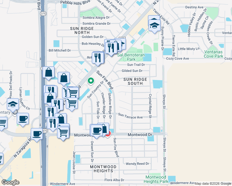 map of restaurants, bars, coffee shops, grocery stores, and more near 2048 Shadow Ridge Drive in El Paso