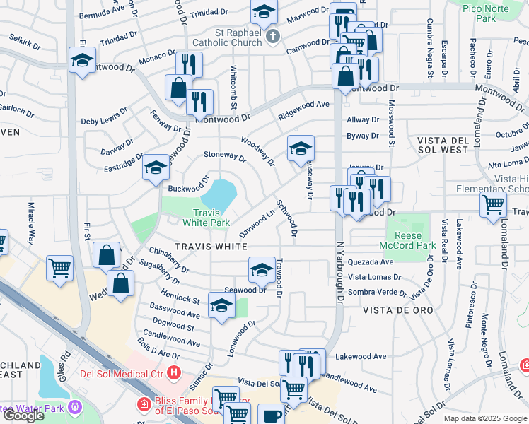 map of restaurants, bars, coffee shops, grocery stores, and more near 10471 Davwood Lane in El Paso