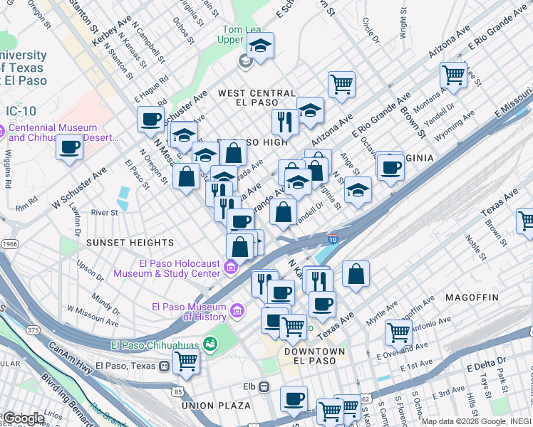 map of restaurants, bars, coffee shops, grocery stores, and more near 415 Montana Avenue in El Paso