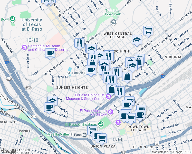 map of restaurants, bars, coffee shops, grocery stores, and more near 1112 North Oregon Street in El Paso