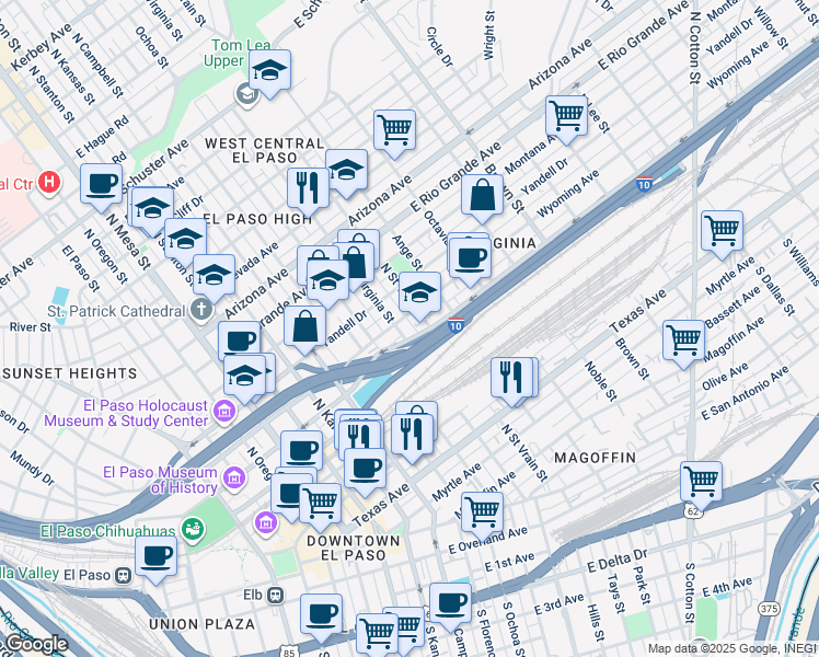 map of restaurants, bars, coffee shops, grocery stores, and more near 800 Wyoming Avenue in El Paso