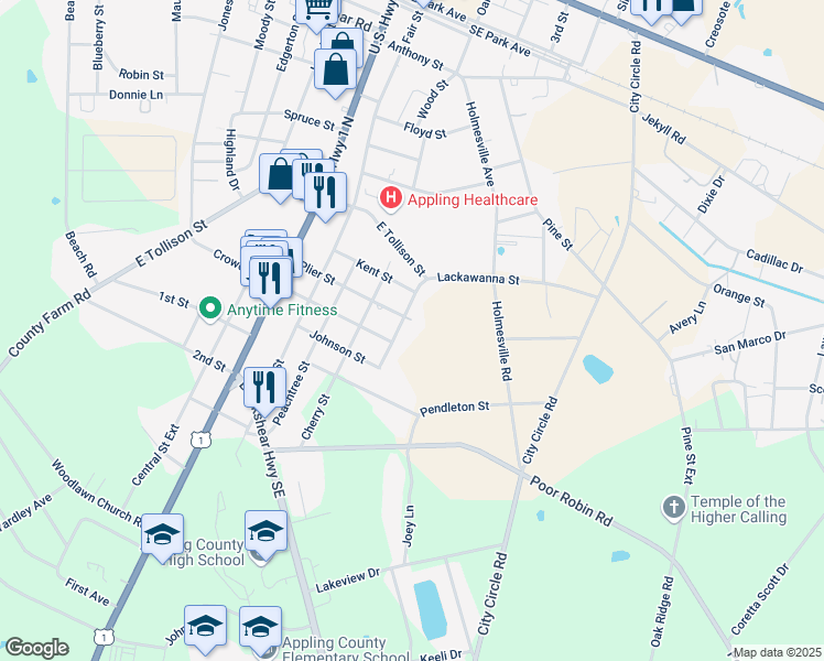 map of restaurants, bars, coffee shops, grocery stores, and more near 519 Lackawanna Street in Baxley