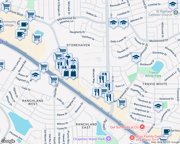 map of restaurants, bars, coffee shops, grocery stores, and more near 1435 Miracle Way in El Paso