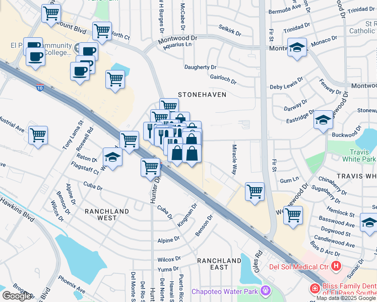 map of restaurants, bars, coffee shops, grocery stores, and more near 9509 Viscount Boulevard in El Paso
