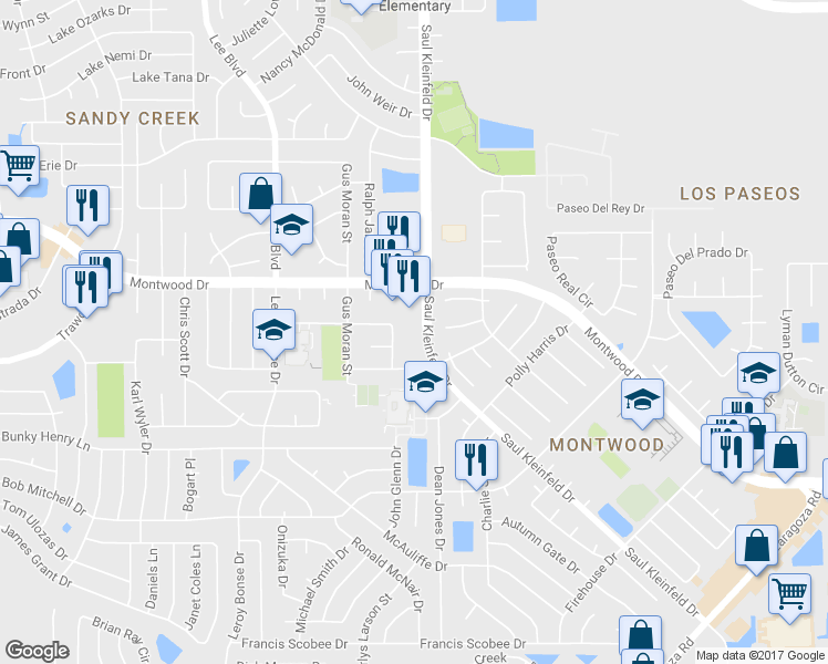 map of restaurants, bars, coffee shops, grocery stores, and more near 101 Saul Kleinfeld Drive in El Paso