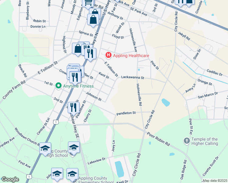 map of restaurants, bars, coffee shops, grocery stores, and more near 519 Lackawanna Street in Baxley