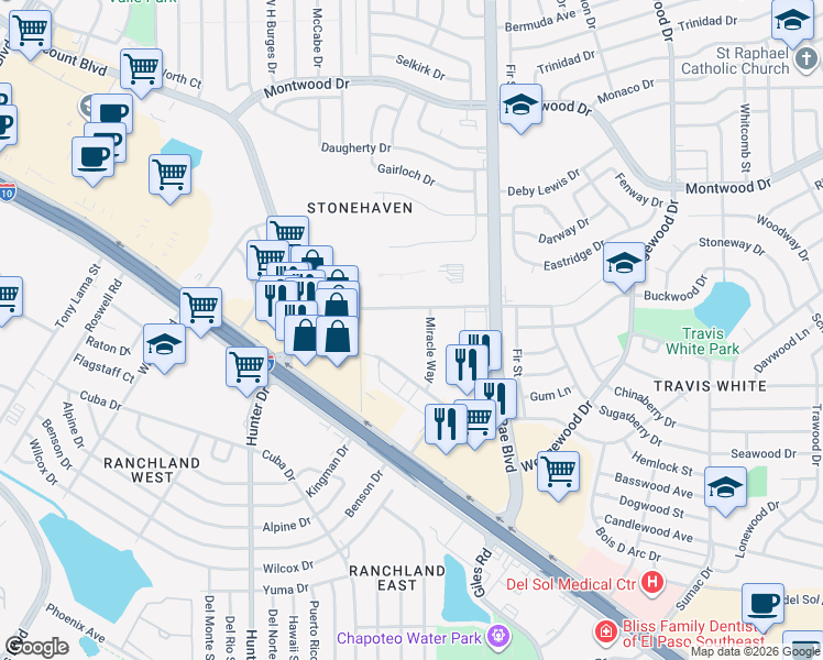 map of restaurants, bars, coffee shops, grocery stores, and more near 1435 Miracle Way in El Paso
