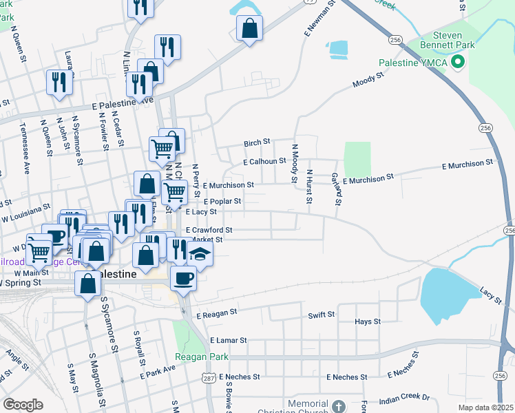 map of restaurants, bars, coffee shops, grocery stores, and more near 1015 East Lacy Street in Palestine