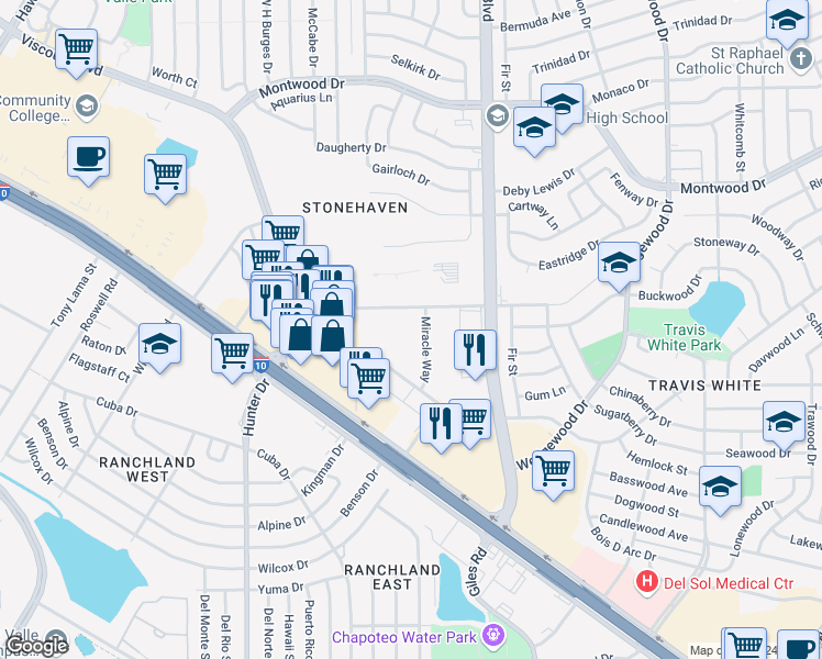map of restaurants, bars, coffee shops, grocery stores, and more near 1435 Miracle Way in El Paso