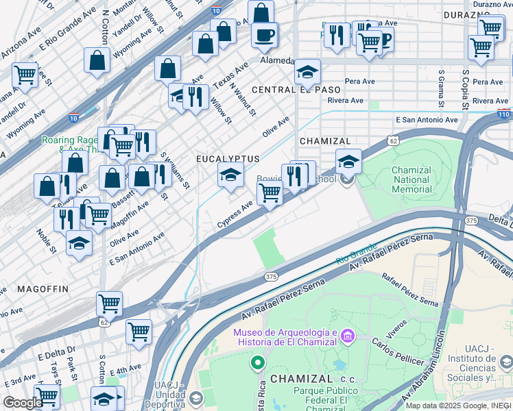 map of restaurants, bars, coffee shops, grocery stores, and more near 311 South Eucalyptus Street in El Paso