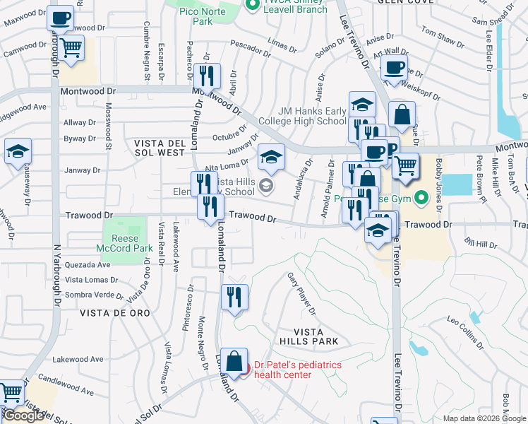 map of restaurants, bars, coffee shops, grocery stores, and more near 2133 Trawood Drive in El Paso