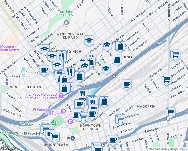 map of restaurants, bars, coffee shops, grocery stores, and more near 712 North Ochoa Street in El Paso