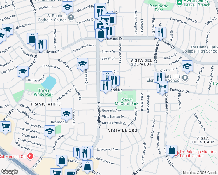 map of restaurants, bars, coffee shops, grocery stores, and more near 1810 Trawood Drive in El Paso