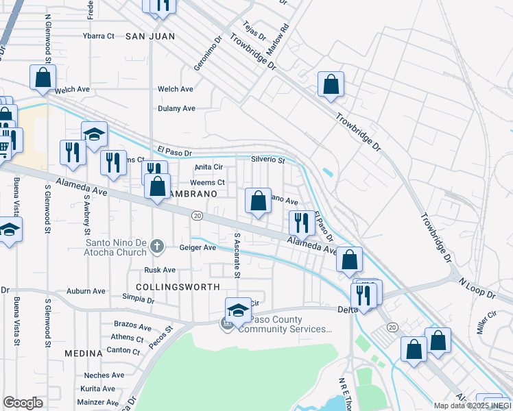 map of restaurants, bars, coffee shops, grocery stores, and more near 121 Toledo Place in El Paso