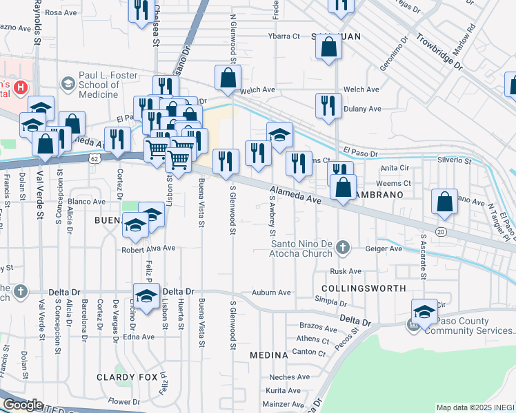 map of restaurants, bars, coffee shops, grocery stores, and more near 133 South Awbrey Street in El Paso
