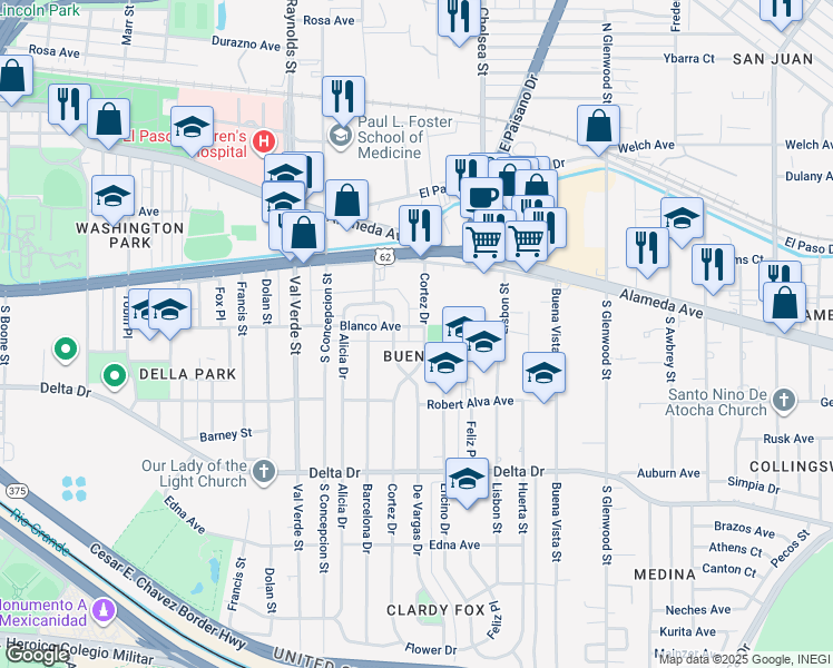 map of restaurants, bars, coffee shops, grocery stores, and more near 309 Cortez Drive in El Paso