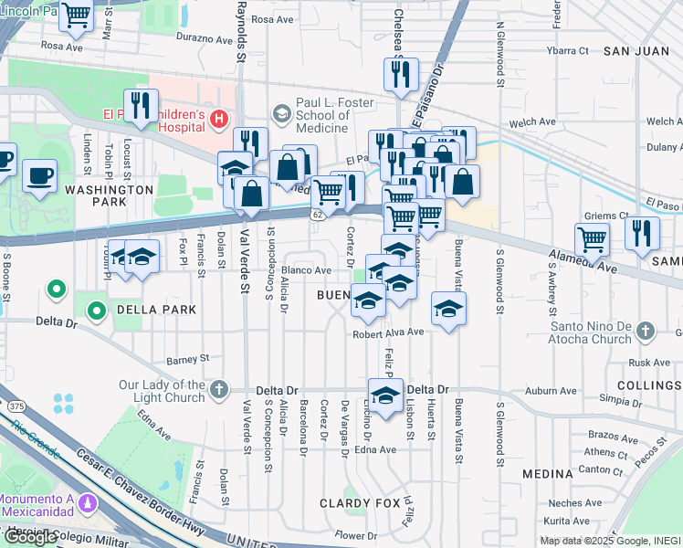 map of restaurants, bars, coffee shops, grocery stores, and more near 309 Cortez Drive in El Paso