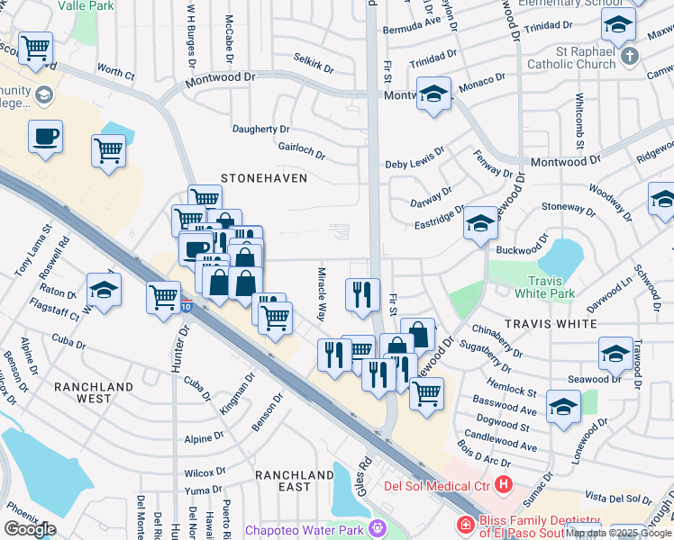 map of restaurants, bars, coffee shops, grocery stores, and more near 1440 Miracle Way in El Paso