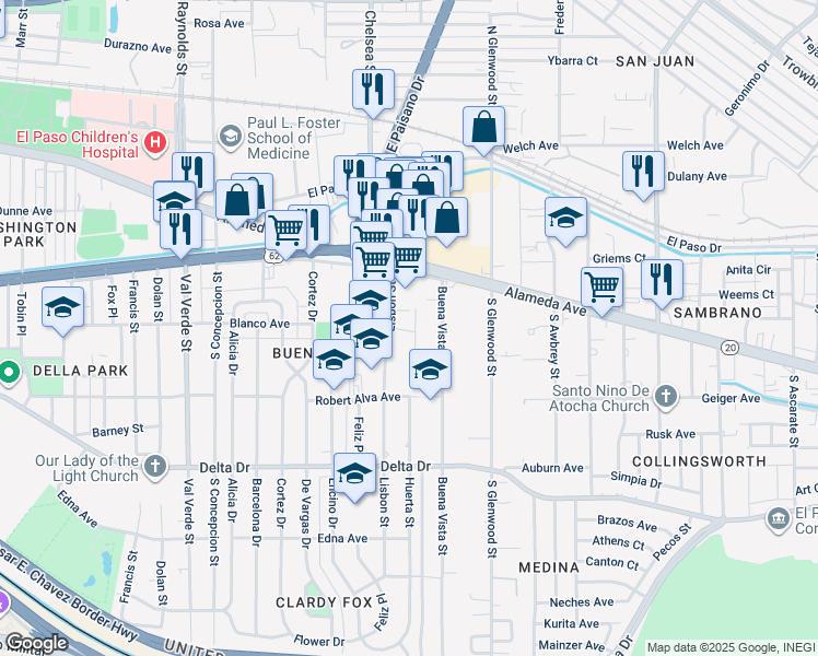map of restaurants, bars, coffee shops, grocery stores, and more near in El Paso