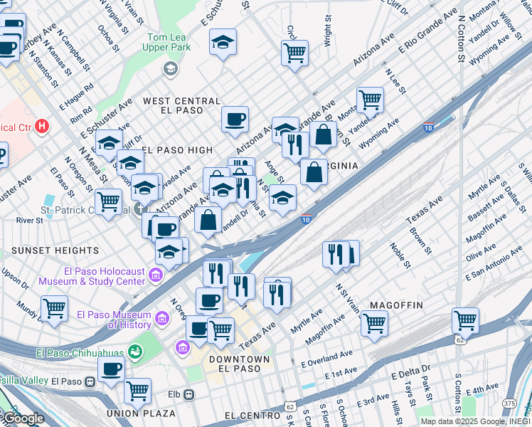 map of restaurants, bars, coffee shops, grocery stores, and more near 800 Wyoming Avenue in El Paso