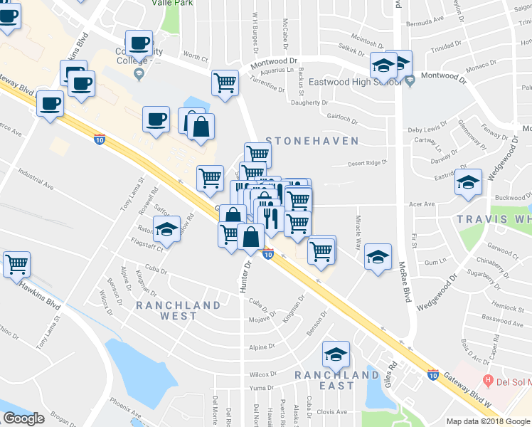 map of restaurants, bars, coffee shops, grocery stores, and more near 9538 Viscount Boulevard in El Paso