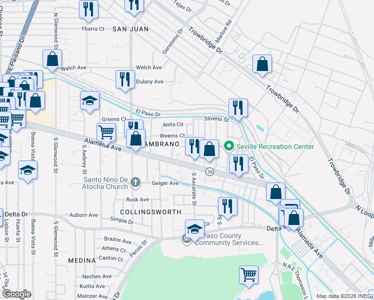 map of restaurants, bars, coffee shops, grocery stores, and more near 6345 Alameda Avenue in El Paso