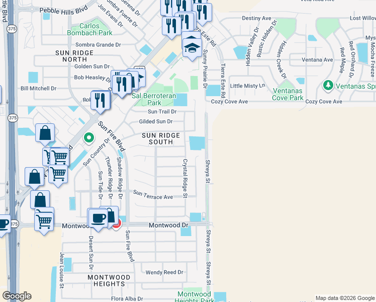 map of restaurants, bars, coffee shops, grocery stores, and more near 2057 Sun Chariot Street in El Paso