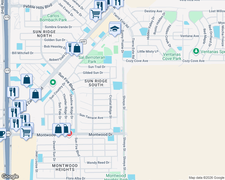 map of restaurants, bars, coffee shops, grocery stores, and more near 2057 Sun Chariot Street in El Paso