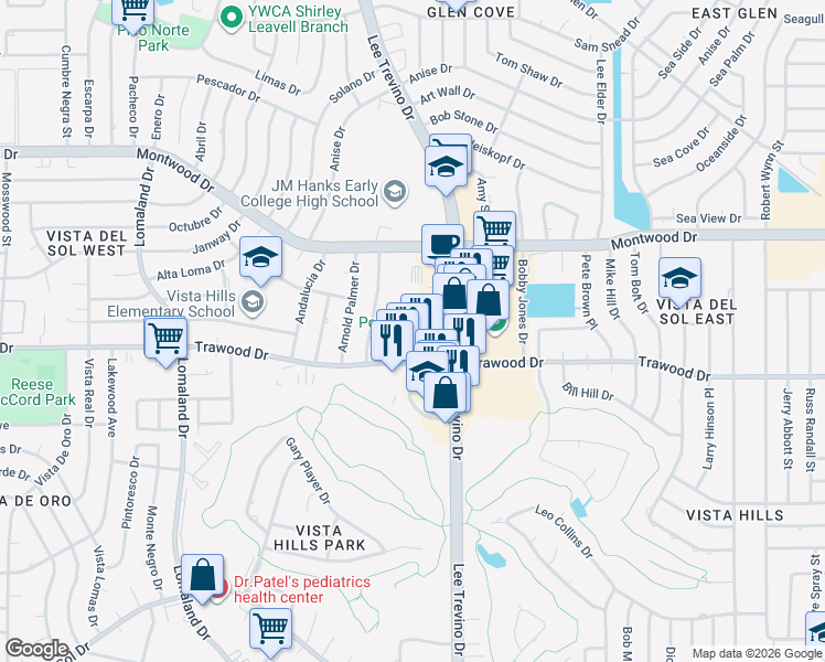 map of restaurants, bars, coffee shops, grocery stores, and more near 2285 Trawood Dr in El Paso
