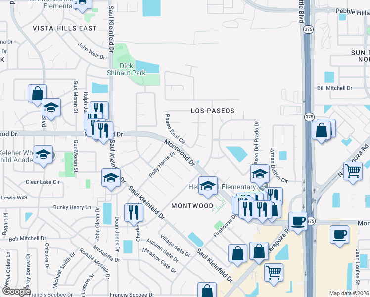 map of restaurants, bars, coffee shops, grocery stores, and more near 1195 Montwood Drive in El Paso