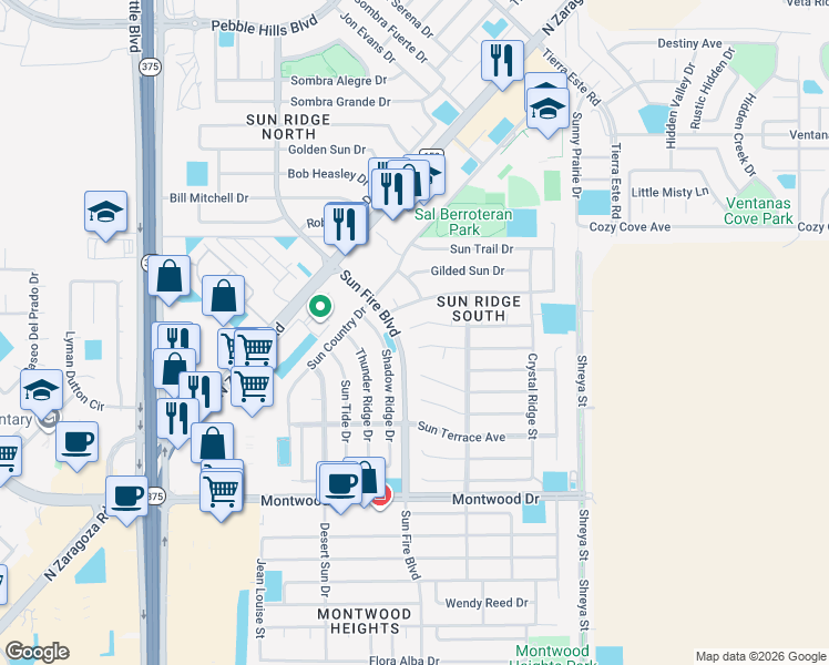 map of restaurants, bars, coffee shops, grocery stores, and more near 12512 Sun Haven Drive in El Paso