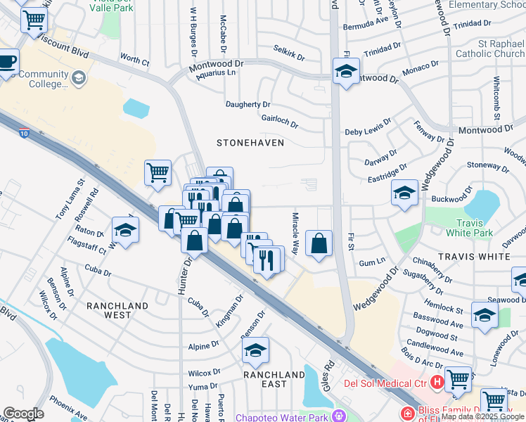 map of restaurants, bars, coffee shops, grocery stores, and more near 9531 Sims Drive in El Paso