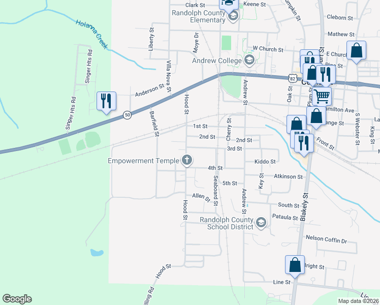 map of restaurants, bars, coffee shops, grocery stores, and more near 37 4th Street in Cuthbert
