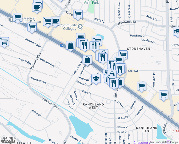 map of restaurants, bars, coffee shops, grocery stores, and more near 7211 Safford Court in El Paso