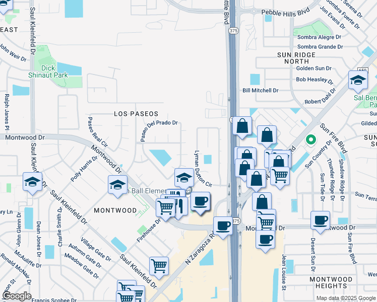 map of restaurants, bars, coffee shops, grocery stores, and more near 2050 Paseo Del Prado Drive in El Paso