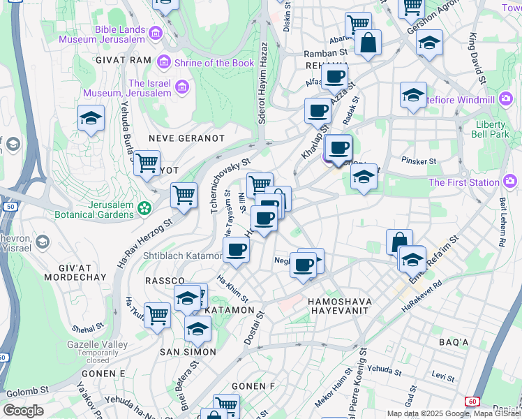 map of restaurants, bars, coffee shops, grocery stores, and more near HaPalmach Street in Jerusalem