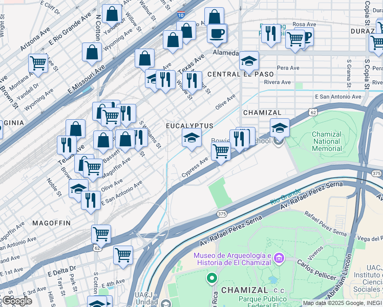 map of restaurants, bars, coffee shops, grocery stores, and more near 101 South Eucalyptus Street in El Paso