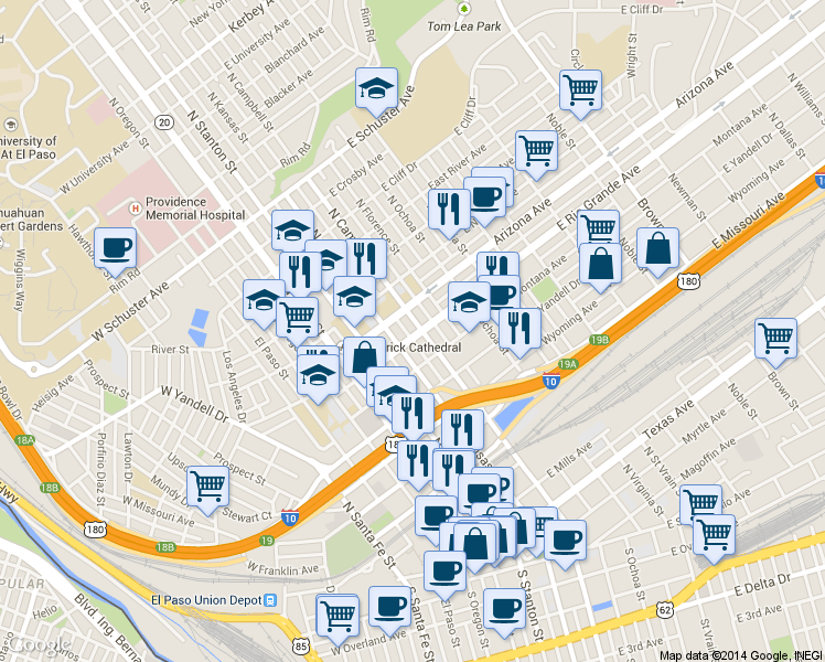map of restaurants, bars, coffee shops, grocery stores, and more near 1001 N Campbell St in El Paso