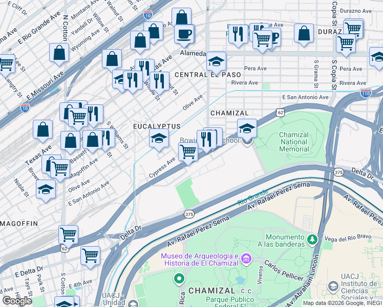 map of restaurants, bars, coffee shops, grocery stores, and more near 2114 Cypress Avenue in El Paso